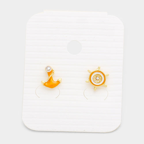 Anchor Ship Wheel Stud Earrings - Orange
