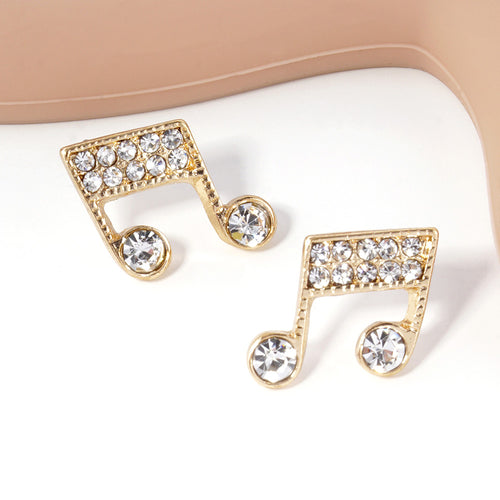 Crystal Paved Music Note Stud Earrings - Clear, Gold