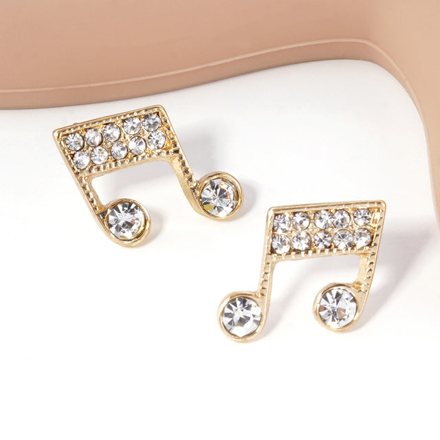 Clear, Gold Crystal Paved Music Note Stud Earrings