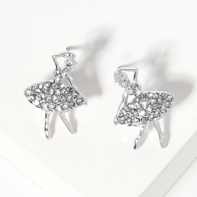 Clear, Silver Crystal Paved Ballerina Girl Stud Earrings
