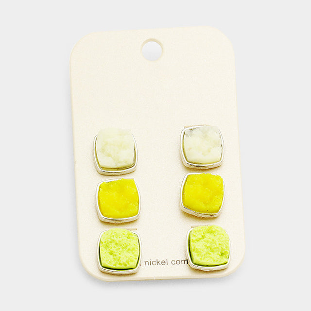 Madeline Love Multi, Rhodium 3Pairs Genuine Druzy Square Stud Earrings