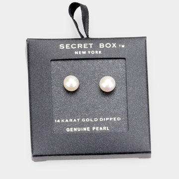Madeline Love Clear, Gold Secret Box _ 14k Gold Dipped Pearl Stud Earrings