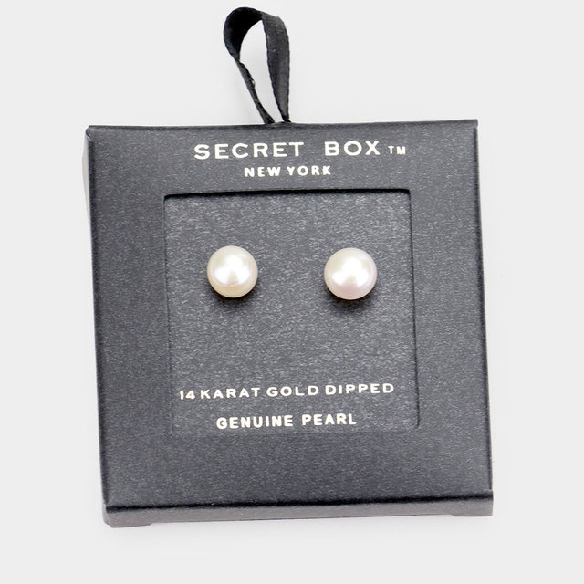 Madeline Love Clear, Gold Secret Box _ 14k Gold Dipped Pearl Stud Earrings