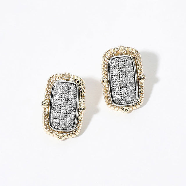 Madeline Love Two Tone 14K Gold Plated Two Tone CZ Pave Rectangular Frame Stud Earrings