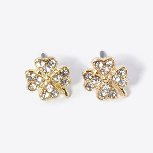 Crystal Paved Clover Stud Earrings - Clear, Gold