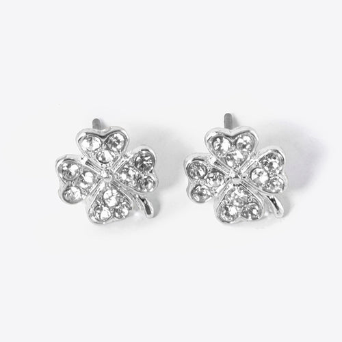 Crystal Paved Clover Stud Earrings - Clear, Rhodium