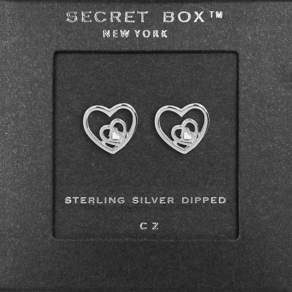 SECRET BOX_Sterling Silver Dipped CZ Triple Metal Heart Stud Earrings