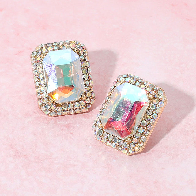 Madeline Love AB, Gold Iridescent Rectangular Rhinestone Evening Stud Earrings