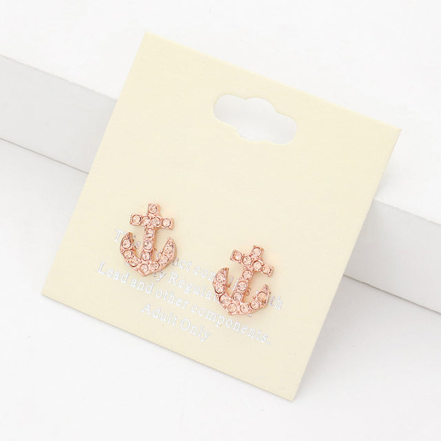 Peach, Rose Gold Rhinestone Anchor Stud Earrings
