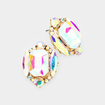 Madeline Love AB, Gold Emerald Cut Stone Accented Stud Evening Earrings