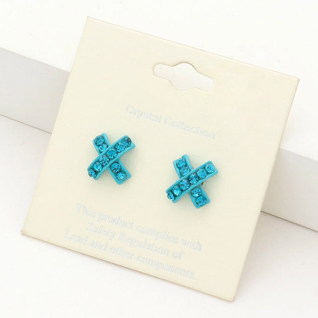 Blue Zircon Rhinestone Embellished Crisscross Stud Earrings