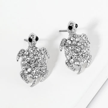 Madeline Love Clear, Rhodium Crystal Rhinestone Paved Turtle Stud Earrings