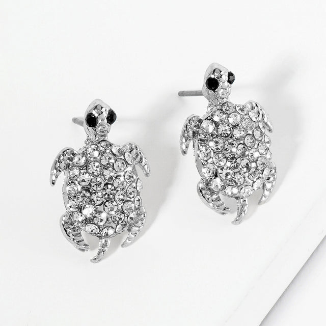 Madeline Love Clear, Rhodium Crystal Rhinestone Paved Turtle Stud Earrings