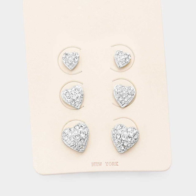 3Pairs - CZ Cubic Zirconia Heart Stud Earrings - Silver - Earrings