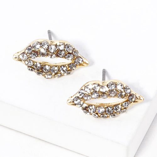 Crystal Rhinestone Paved Lips Stud Earrings - Clear, Gold