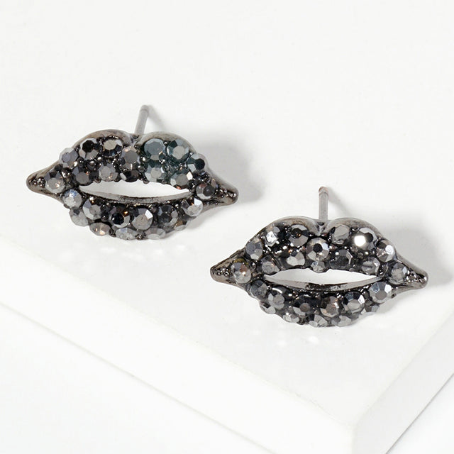 Hematite Crystal Rhinestone Paved Lips Stud Earrings