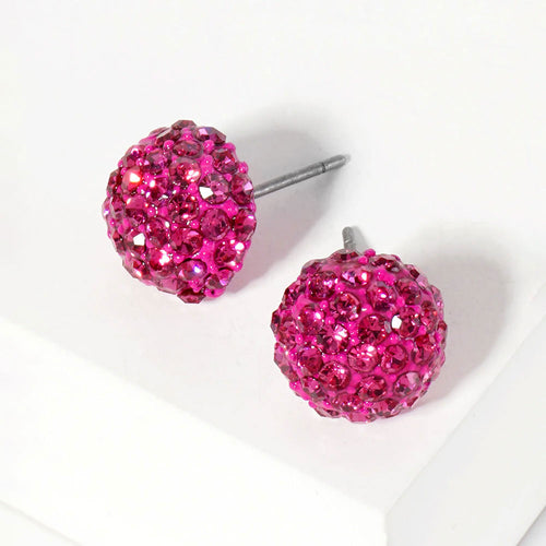 Crystal PaveD Round Dome Stud Earrings - Fuchsia