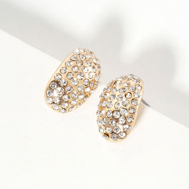 Clear, Gold Crystal Paved Curved Oval Stud Earrings