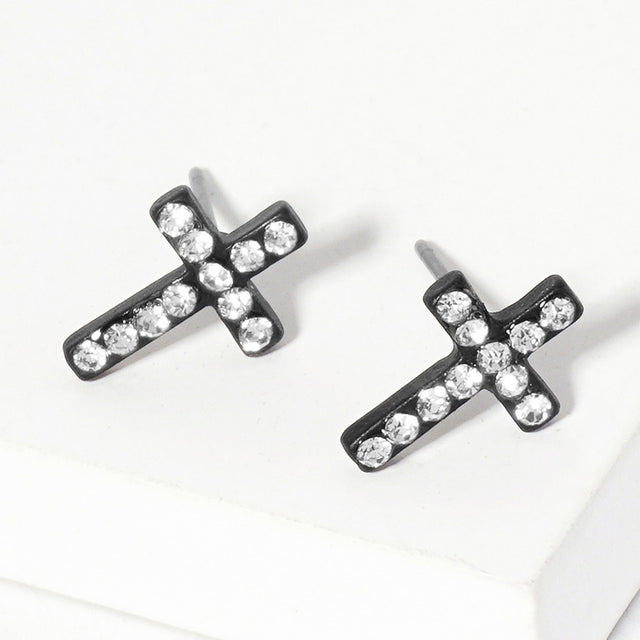 Black, Clear Crystal Cross Stud Earrings