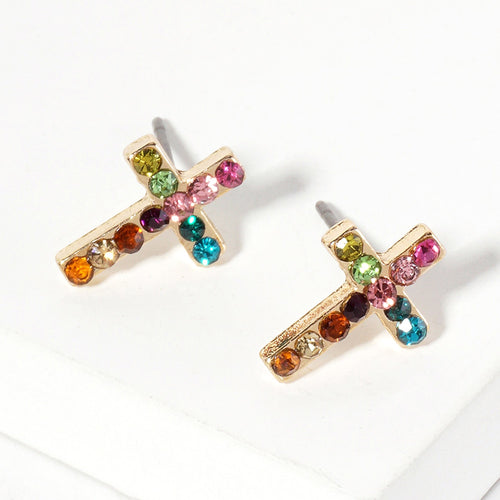 Crystal Cross Stud Earrings - Gold, Multi