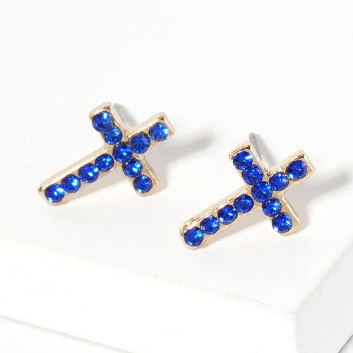 Crystal Cross Stud Earrings - Sapphire