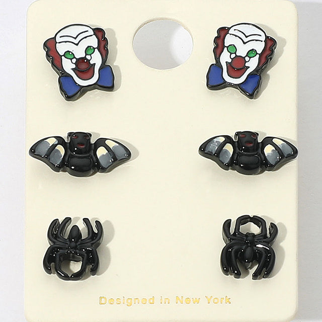 Madeline Love Black, Multi 3Pairs - Halloween Clown Bat Spider Stud Earring Set - Earrings