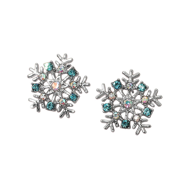 Blue Rhodium Rhinestone Paved Snowflake Stud Earrings