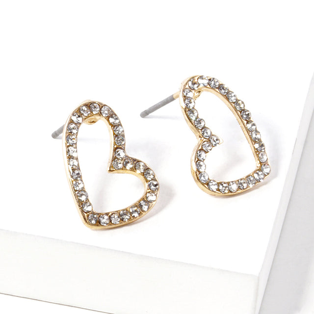 Madeline Love Clear, Gold Rhinestone Crystal Pave Open Heart Stud Earrings