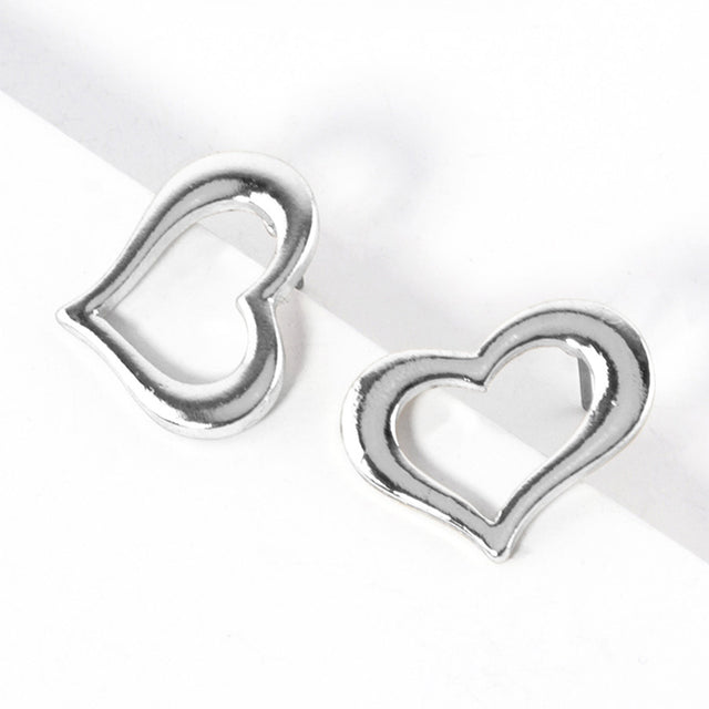 Open Heart Stud Earrings - Rhodium - Earrings