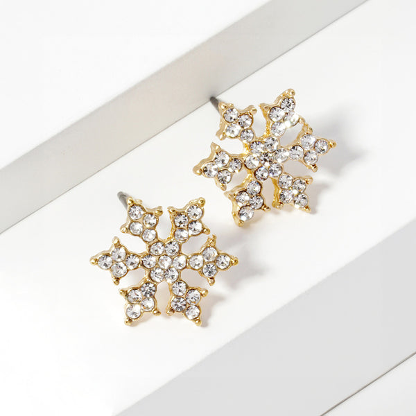 Clear Gold, Crystal Paved Snowflake Stud Earrings