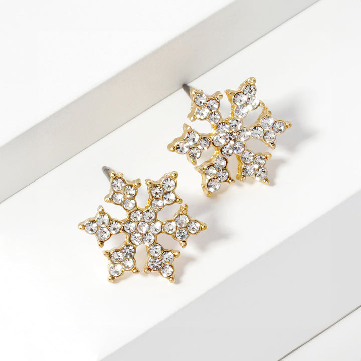 Clear Gold, Crystal Paved Snowflake Stud Earrings
