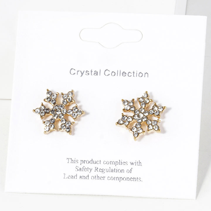Clear Gold, Crystal Paved Snowflake Stud Earrings