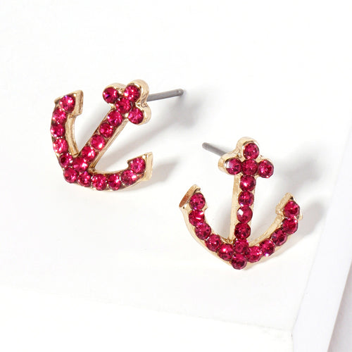 Crystal Rhinestone Paved Anchor Stud Earrings - Fuchsia