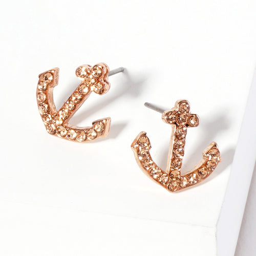 Crystal Rhinestone Paved Anchor Stud Earrings - Peach, Rose Gold
