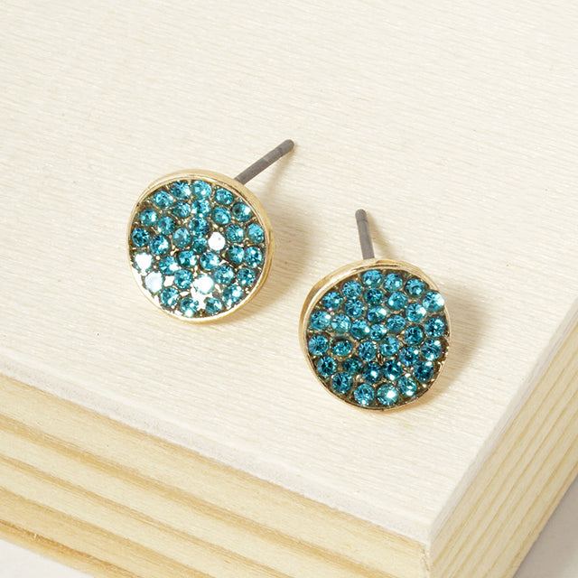 Aqua Crystal Pave Round Disc Stud Earrings