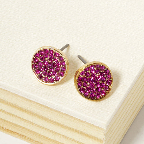 Crystal Pave Round Disc Stud Earrings - Fuchsia