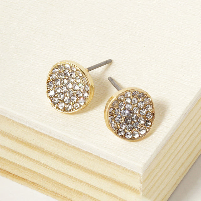 Madeline Love Clear, Gold Crystal Pave Round Disc Stud Earrings