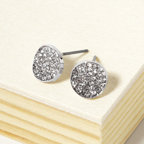 Crystal Pave Round Disc Stud Earrings - Clear, Rhodium