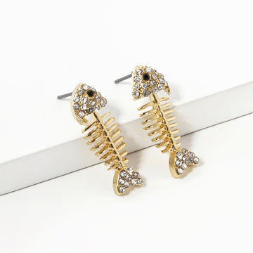 Madeline Love Clear, Gold Rhinestone Crystal Paved Fishbone Stud Earrings