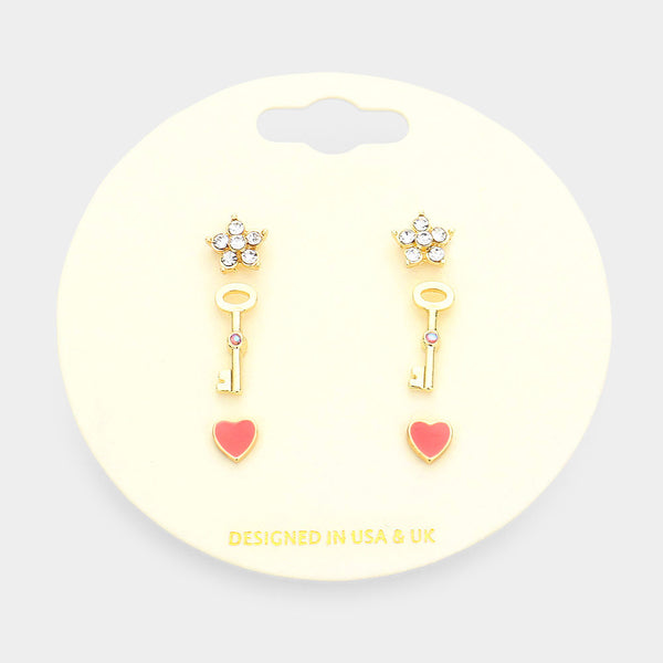 3Pairs - Stone Embellished Star Key Enamel Heart Stud Earrings