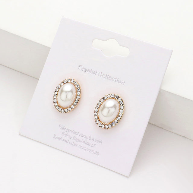 Clear, Cream, Gold Pearl Centered Rhinestone Trimmed Stud Earrings