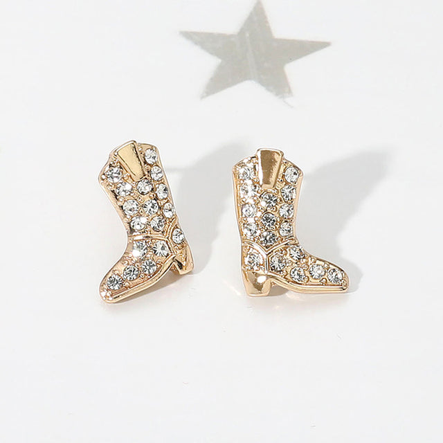 Madeline Love Clear, Gold Stone Paved Western Cowboy Boot Stud Earrings