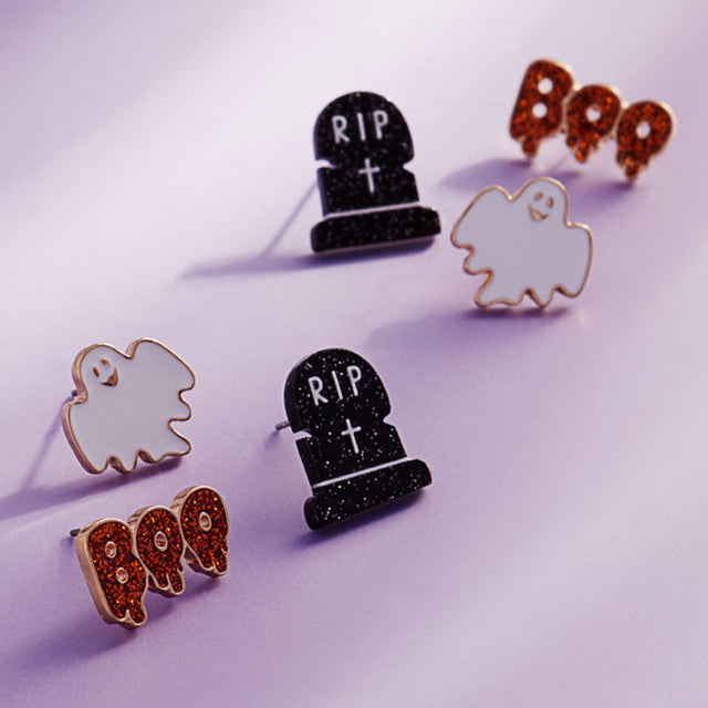 Gold 3Pairs - Halloween Ghost Tombstone BOO Stud Earring Set