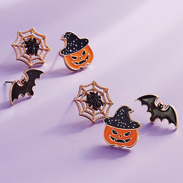 Gold 3Pairs - Enamel Halloween Pumpkin Spider Web Bat Stud Earring Set