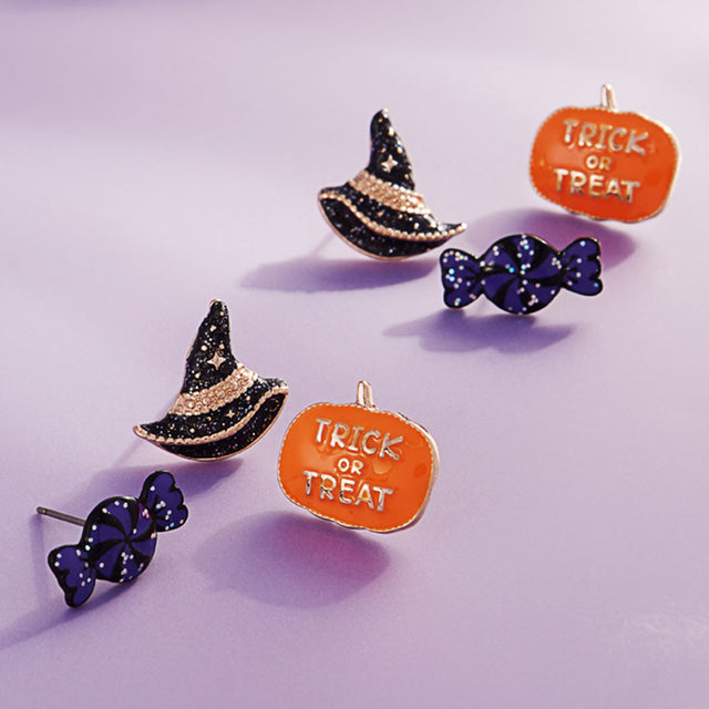 Black, Gold 3Pairs - Halloween Candy Witch Hat Pumpkin Stud Earring Set