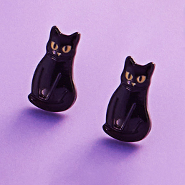 Jet Black Halloween Black Cat Stud Earrings