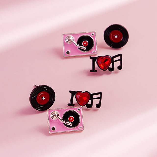 Madeline Love Pink 3PAIRS - Enamel Turn Table Music Stud Earring Set - Earrings