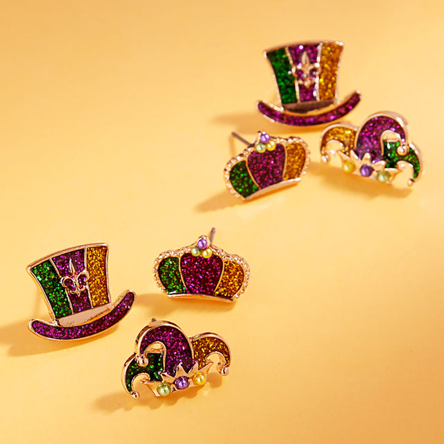 Gold, Multi 3Pairs - Glitter Enamel Mardi Gras Jester Crown Hat Stud Earring Set