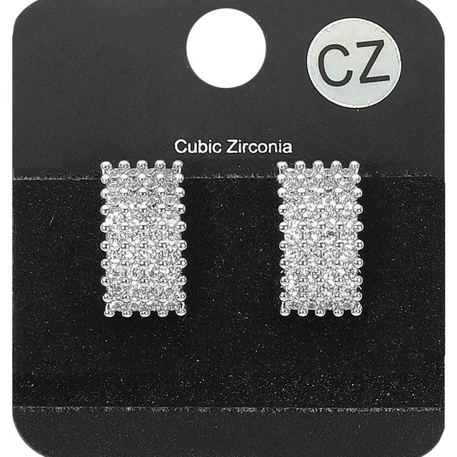 Madeline Love Clear, Rhodium CZ Stone Paved Rectangle Evening Stud Earrings