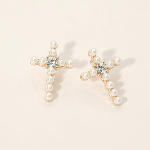 Rhinestone Center Pearl Beaded Cross Stud Earrings - Cream, Gold